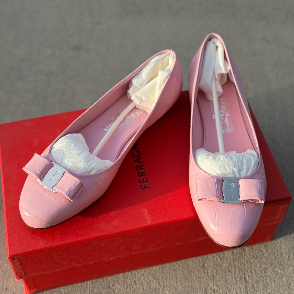 Nib Salvatore Ferragamo Light Pink Varina Bow Bubble Calf Leather Flats